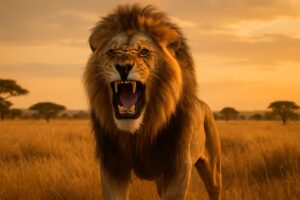 Leão rugindo na savana com o texto “Declaração de imposto de renda; Guia Completo