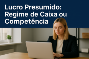 Mulher loira trabalhando em computador, analisando documentos sobre Lucro Presumido e Regime de Caixa ou Competência para empresa.