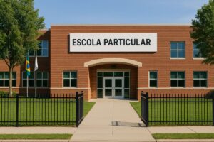 Fachada de uma escola particular moderna com placa "Escola Particular"
