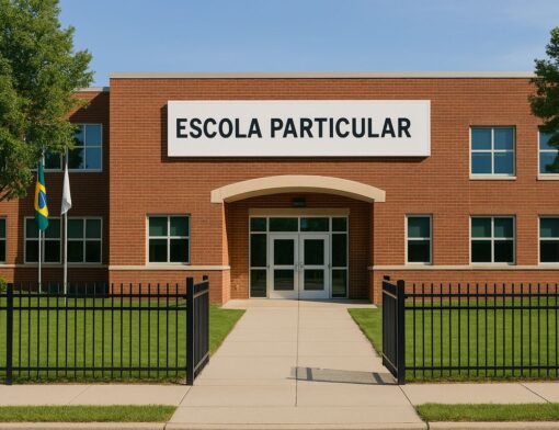 Fachada de uma escola particular moderna com placa "Escola Particular"