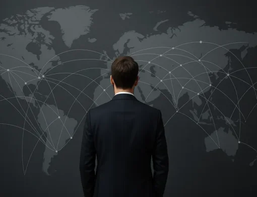Profissional de terno de costas diante de um amplo mapa-múndi com linhas conectando países, ilustrando serviço de contabilidade para offshore.