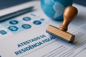 Carimbo oficial em documento fiscal sobre mesa de escritório, simbolizando a emissão do atestado de residência fiscal
