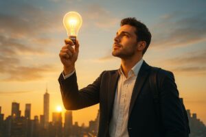 Empreendedor jovem em escritório moderno planejando negócios inovadores para abrir em 2025.