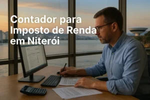 Contador trabalhando em escritório com vista para a Baía de Guanabara em Niterói, revisando documentos do Imposto de Renda.