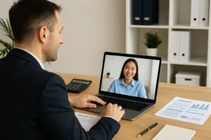 Contador online em reunião por videochamada com cliente internacional para declarar Imposto de Renda