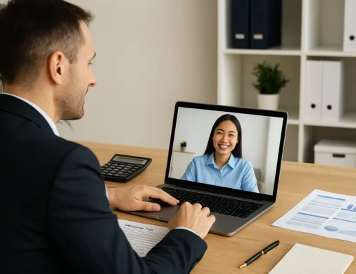 Contador online em reunião por videochamada com cliente internacional para declarar Imposto de Renda