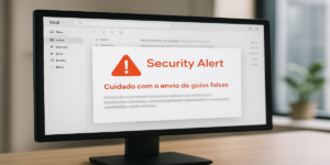 Computador exibindo alerta de segurança em e-mail, representando o risco de fraude no envio de guias de tributos falsas.