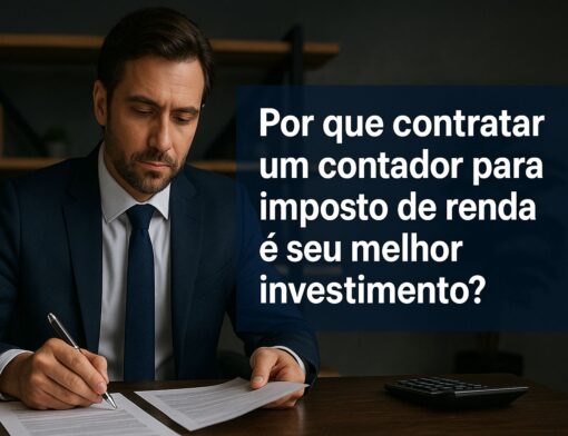 Contador especializado revisando documentos de imposto de renda em escritório sofisticado, simbolizando segurança e atendimento premium para declaração de IR.