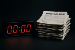 Relógio digital em LED vermelho marcando “00:00” ao lado de uma pilha de documentos de Imposto de Renda (DARFs e recibos), sobre fundo escuro com vinheta suave, simbolizando a urgência de regularizar declarações em atraso.