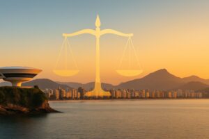 Panorâmica da orla de Niterói ao pôr do sol, com destaque para o MAC e a Praia de Icaraí, sobreposta por uma balança da justiça dourada – ideal para advogados.
