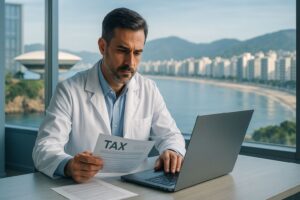 Médico em jaleco revisando documentos de imposto de renda em laptop, com vista panorâmica do MAC e da Praia de Icaraí ao entardecer.