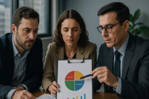 Profissionais de RH analisam gráfico de perfil comportamental com foco em recrutamento e seleção