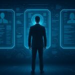 Homem de terno visto de costas interagindo com um painel digital futurista de recrutamento, com perfis holográficos em azul neon.