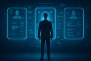 Homem de terno visto de costas interagindo com um painel digital futurista de recrutamento, com perfis holográficos em azul neon.