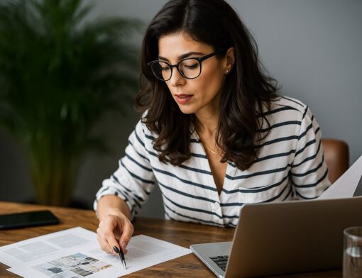 Mulher usando óculos analisa documentos fiscais sobre a mesa enquanto trabalha no notebook, simbolizando o planejamento para regularizar dívidas no PGDAU 11/2025